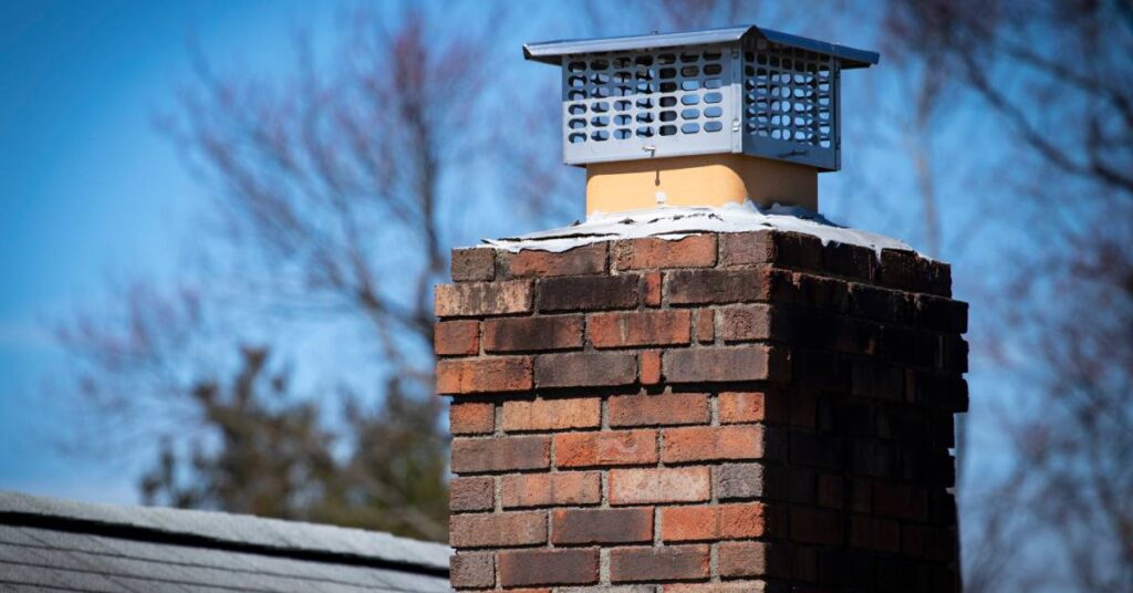 A close-up of a rodent protection cap on a chimney. There is a blue sky and dead trees in the background.