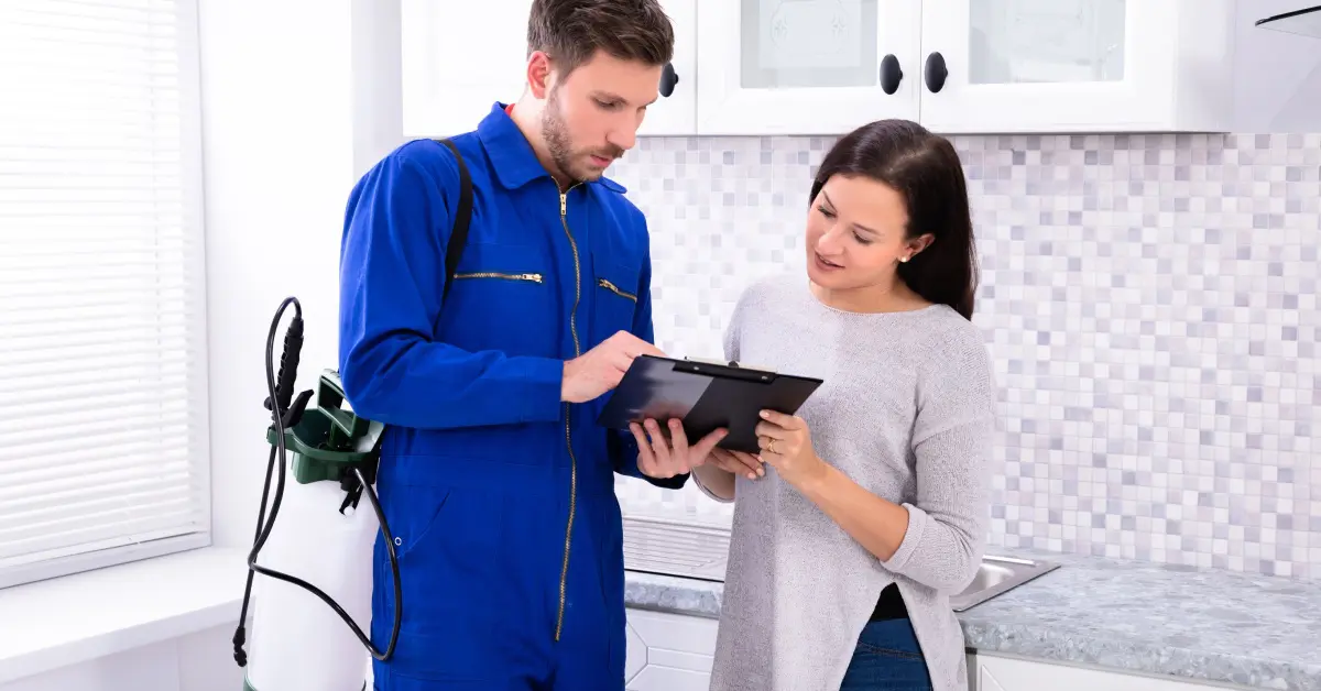 A pest control worker wearing a jumpsuit and a bag of tools on his back holds a clipboard with a woman in a kitchen.