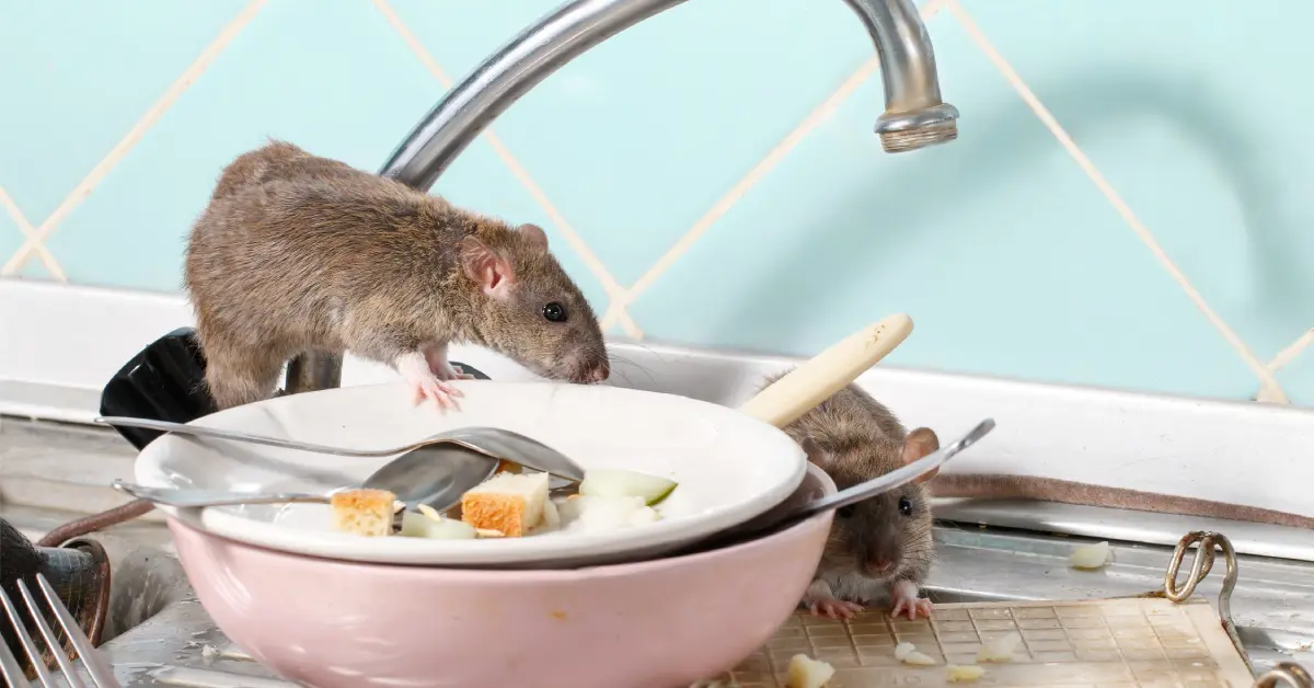 Rats swarm around a stack of dirty dishes and food crumbs sitting on top of each other against a blue backsplash.