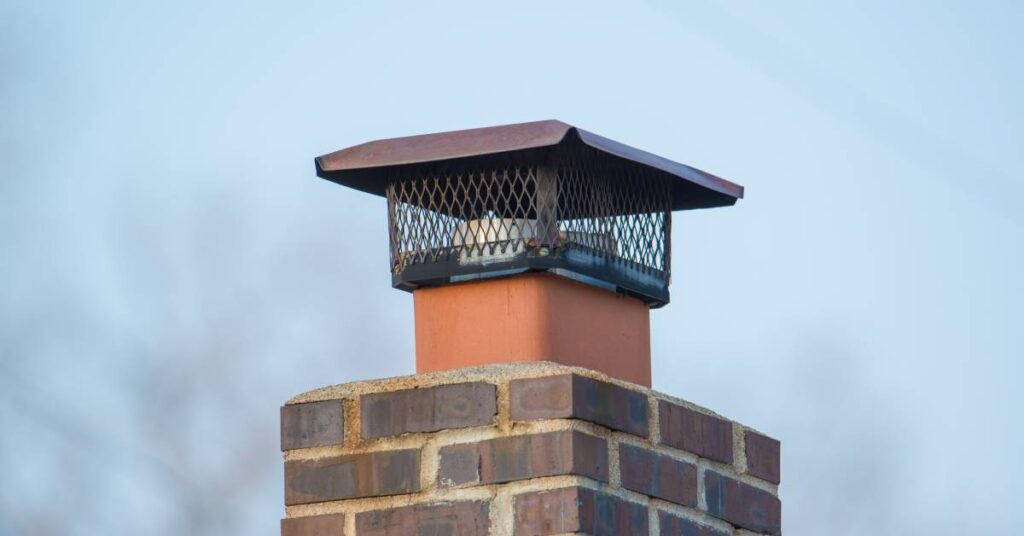 The top of a brick chimney stack has a metal, fenced-in chimney cap. The sky in the background is clear.