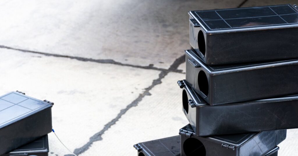 A sizeable stack of professional-grade poison rodent traps waiting to be set up outside by professional exterminators.