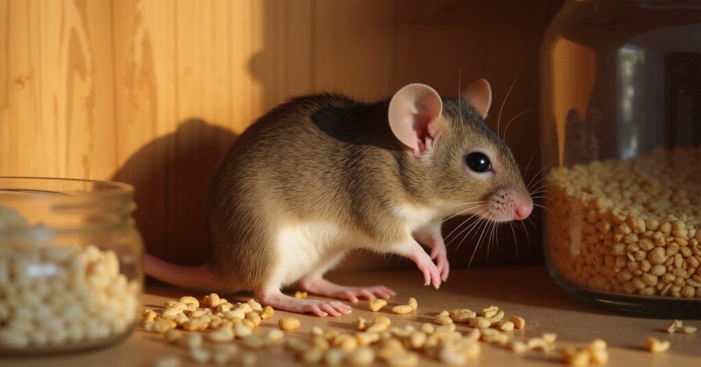 A small brown rodent caught in a wooden pantry, attempting to eat the homeowner’s grains and other food items.