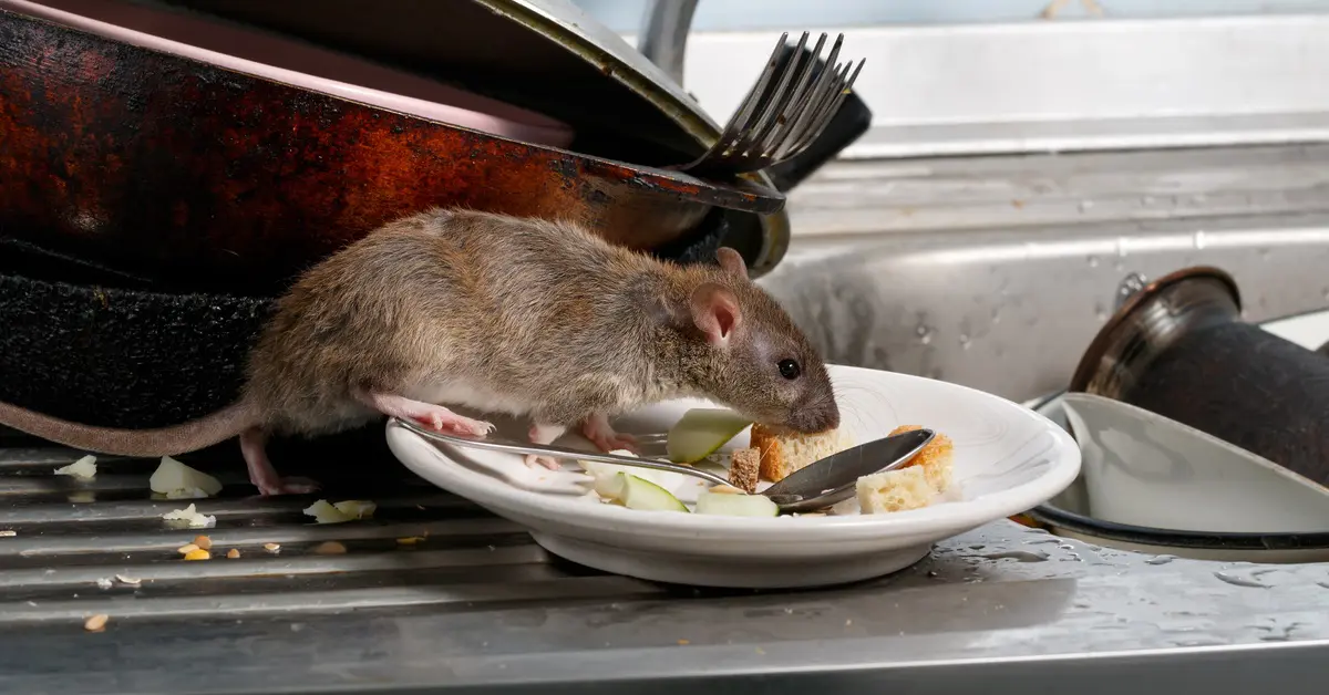 Understanding the Diets of Common Household Rodents A rat crawls along a plate of food next to a sink in a kitchen. The plate is white and has croutons on top of it.