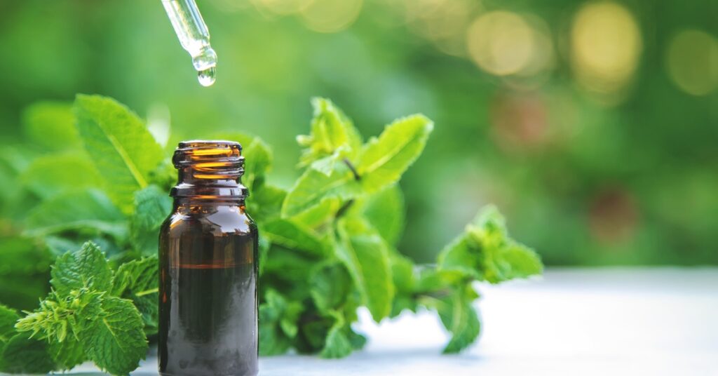 An eye dropper above a small brown bottle of peppermint oil. Several peppermint leaves are around the bottle.