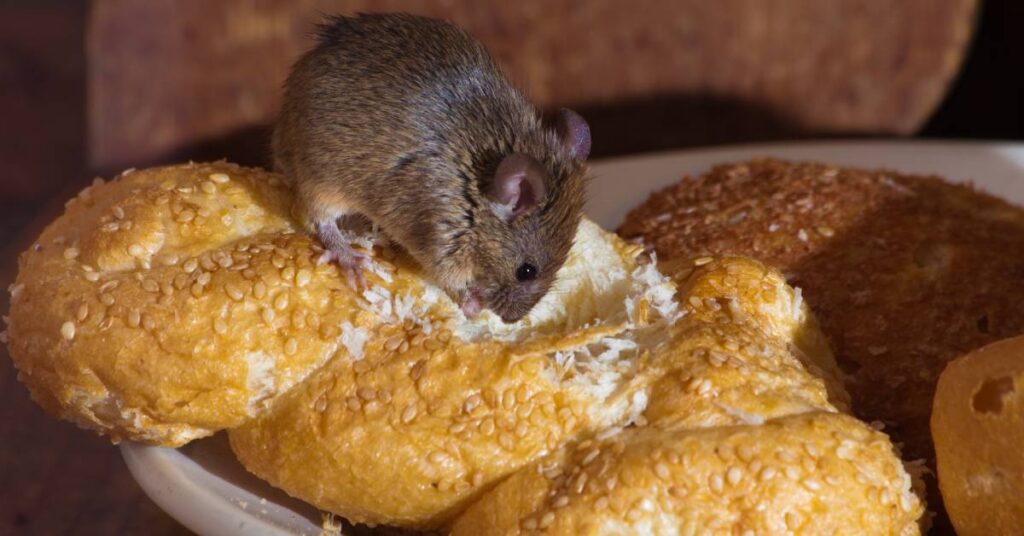 A small brown mouse crawls along several pieces of bread on a plate. It chews into the bread, which features sesame seeds.