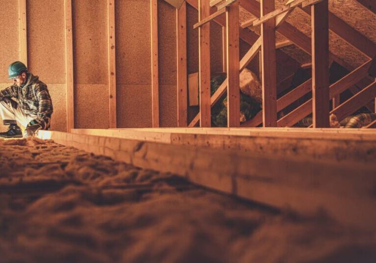 A man in a hard hat kneeling inside of an attic. He is standing on insulation and there are wooden support struts all around.