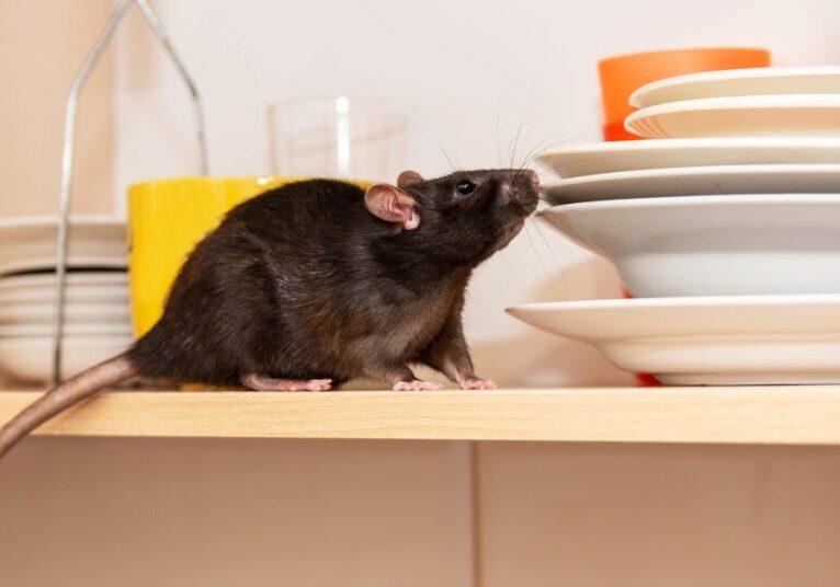 A rat crawls on a shelf in a kitchen and sniffs at plates. Several other plates and glasses sit behind the rat on the shelf. A rat crawls on a shelf in a kitchen and sniffs at plates. Several other plates and glasses sit behind the rat on the shelf.