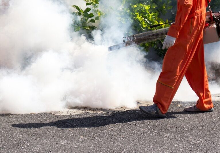 A worker wearing an orange jumpsuit sprays fog to treat pests in the yard area. He stands near plants.