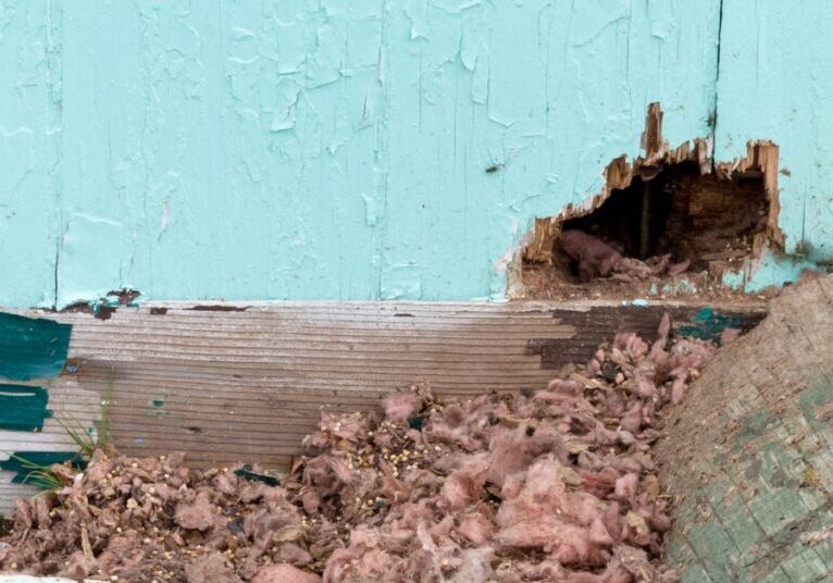 A blue wall with a hole at the base of it. There is insulation and other debris strewn around the opening of the hole.